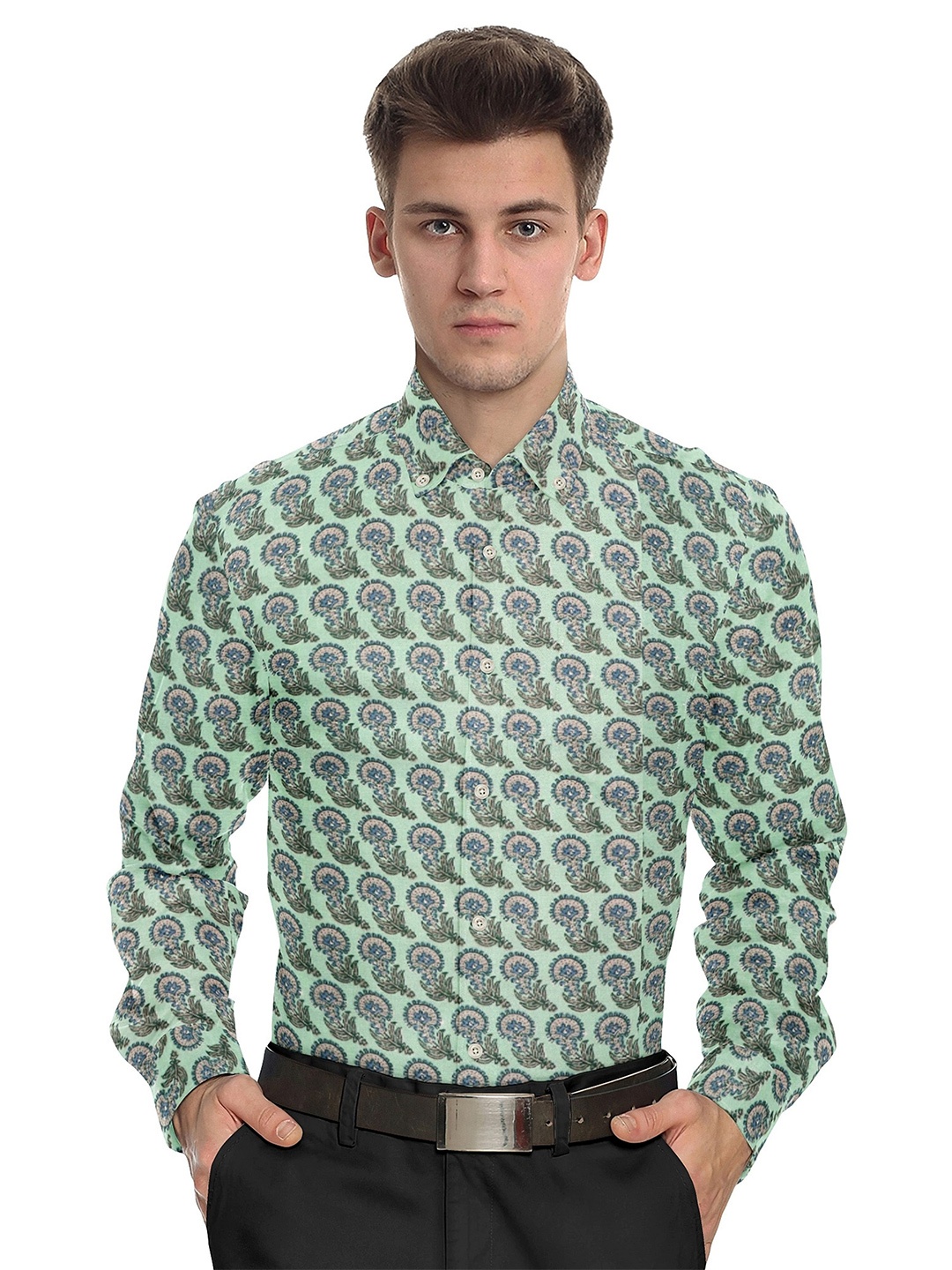 

misbis Relaxed Floral Printed Slim Fit Opaque Pure Cotton Casual Shirt, Green