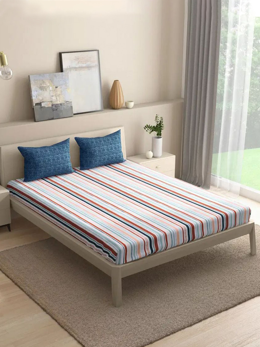 

wakefit White & Navy Blue Striped 144 TC Cotton Fitted Queen Bedsheet & 2 Pillow Covers