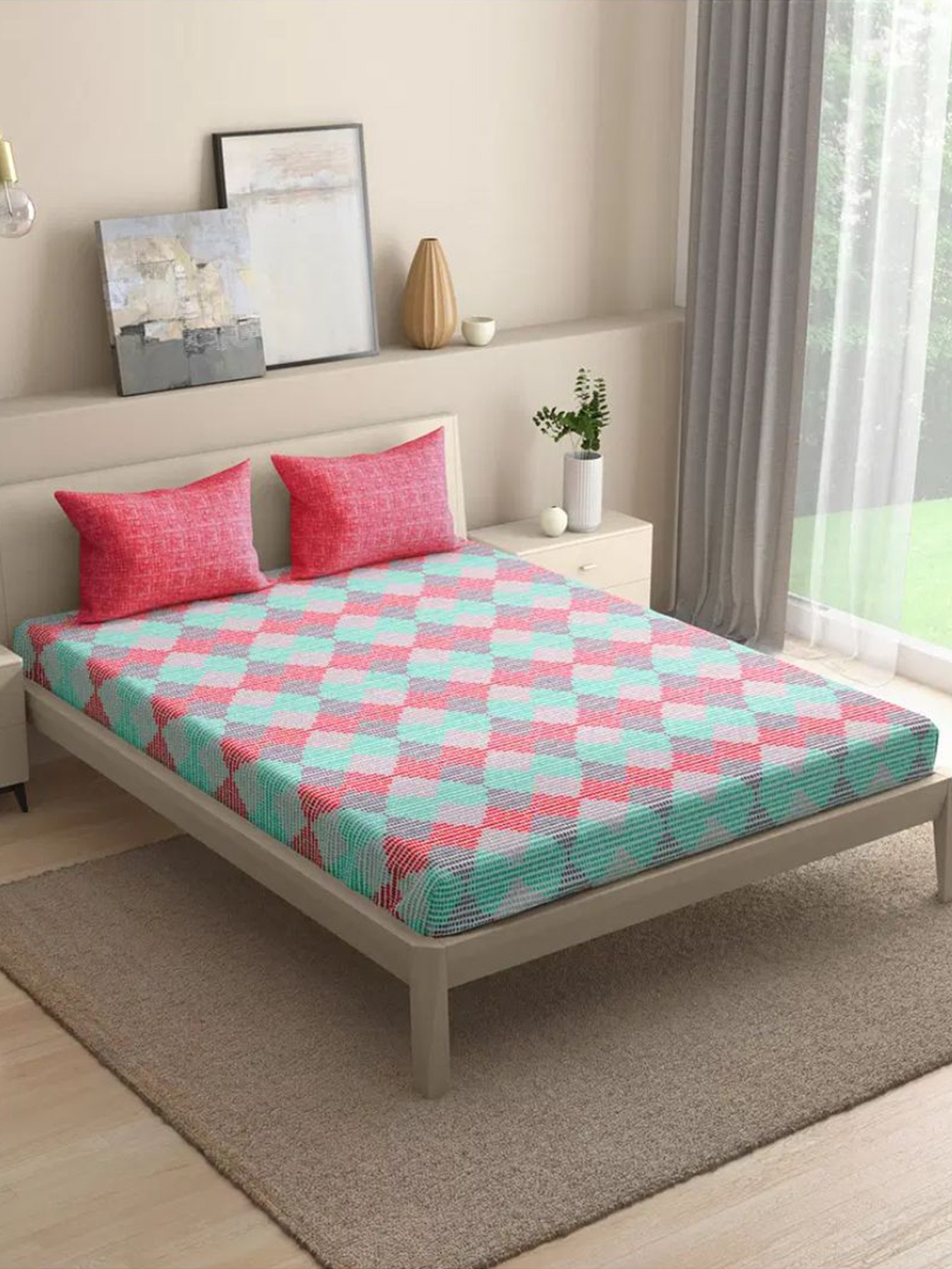 

wakefit Blue & Pink Geometric 144 TC Cotton Fitted Queen Bedsheet & 2 Pillow Covers