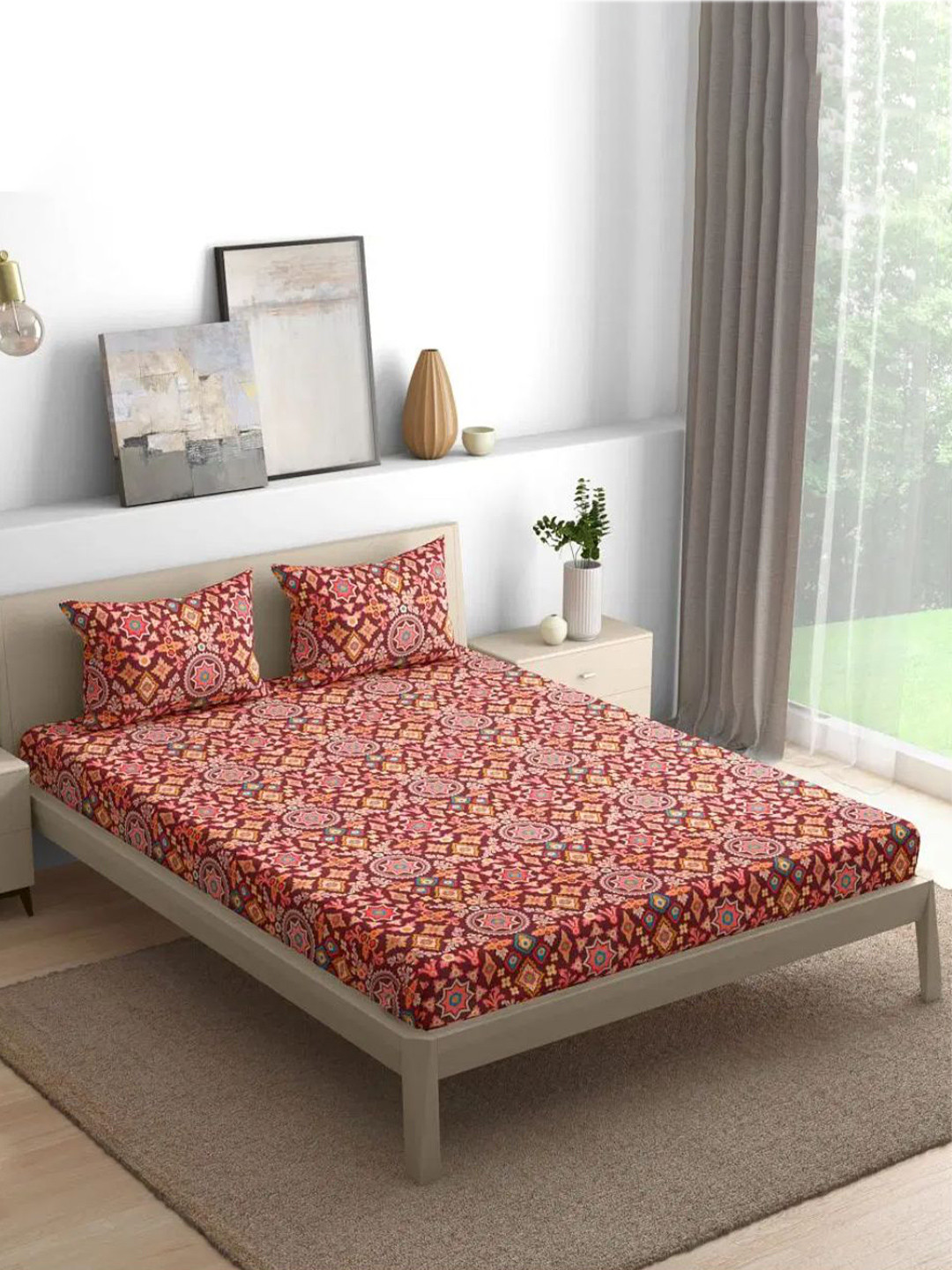 

wakefit Pink & Green Ethnic Motifs 144 TC Cotton Fitted King Bedsheet & 2 Pillow Covers