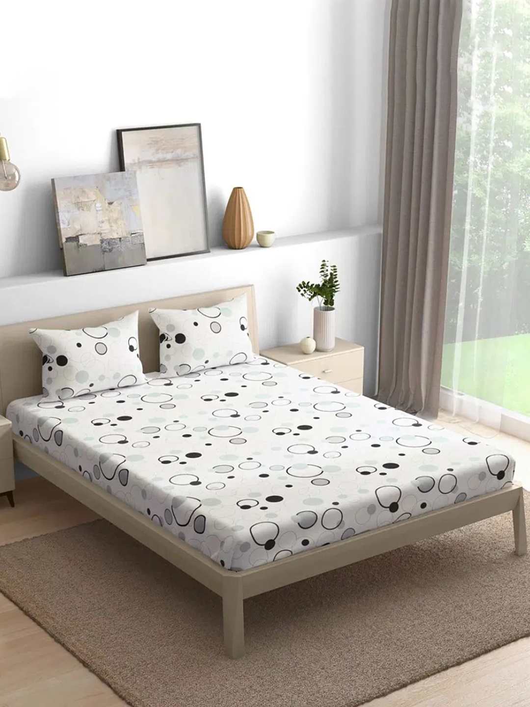 

wakefit White & Grey Geometric 200 TC Cotton Fitted King Bedsheet & 2 Pillow Covers
