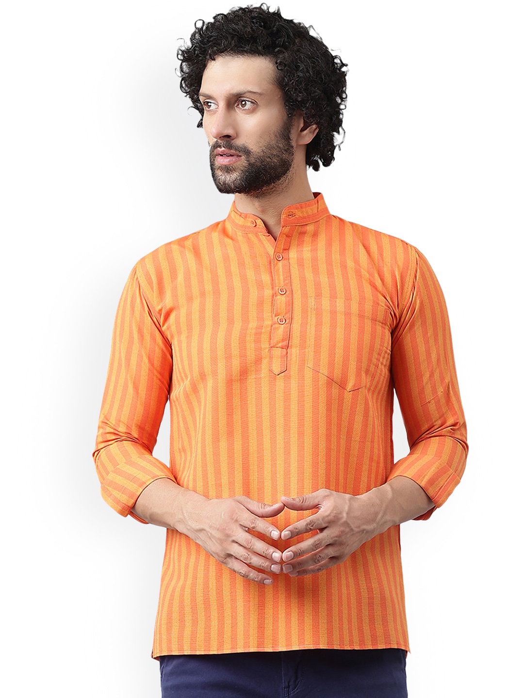 

RIAG Striped Mandarin Collar Cotton Kurta, Orange