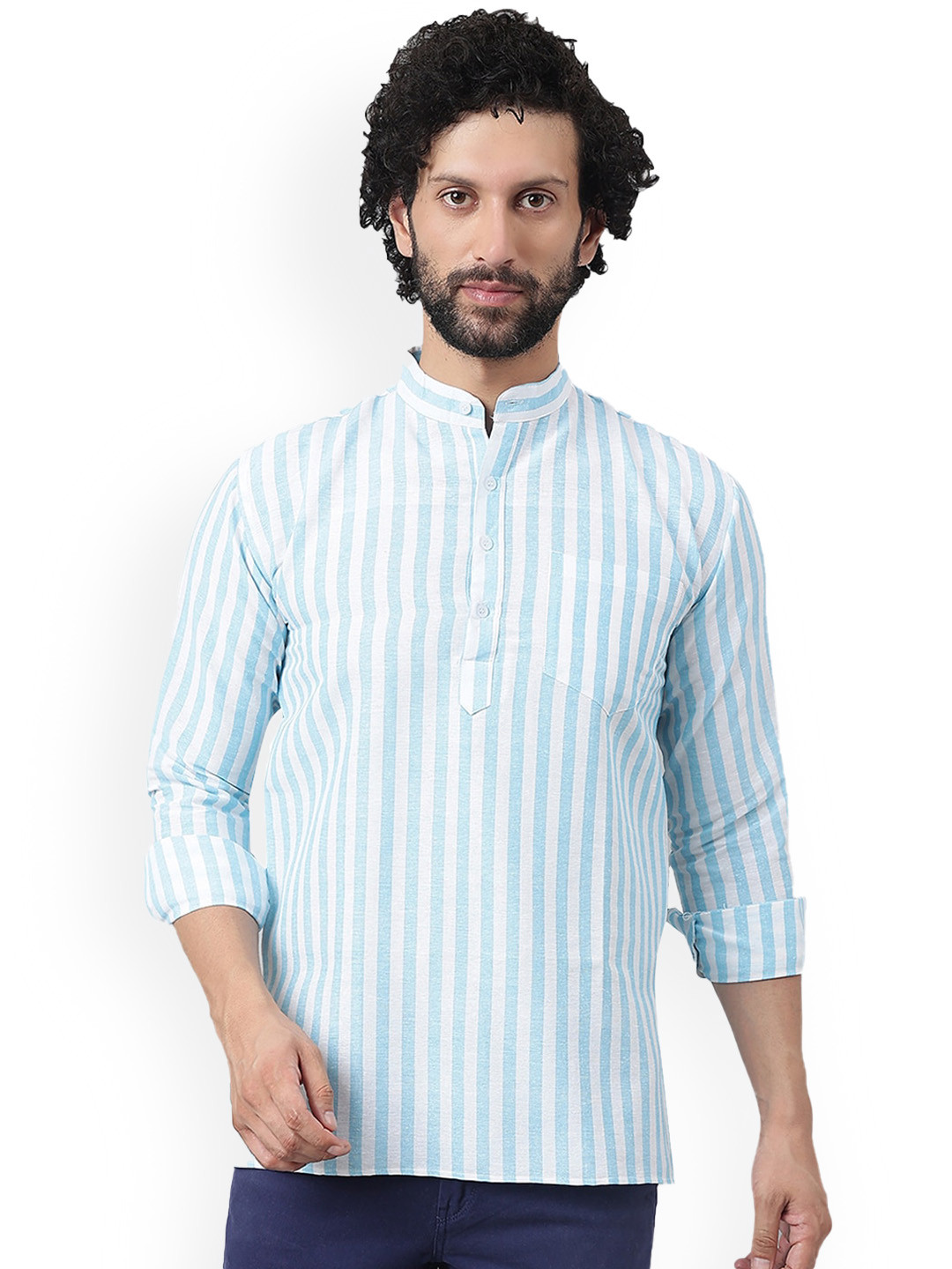

RIAG Striped Mandarin Collar Long Sleeves Cotton Kurta, Blue