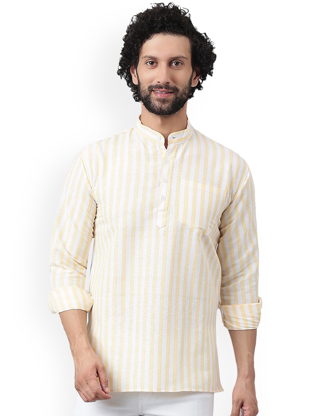 

RIAG Striped Mandarin Collar Long Sleeves Cotton Kurta, Beige