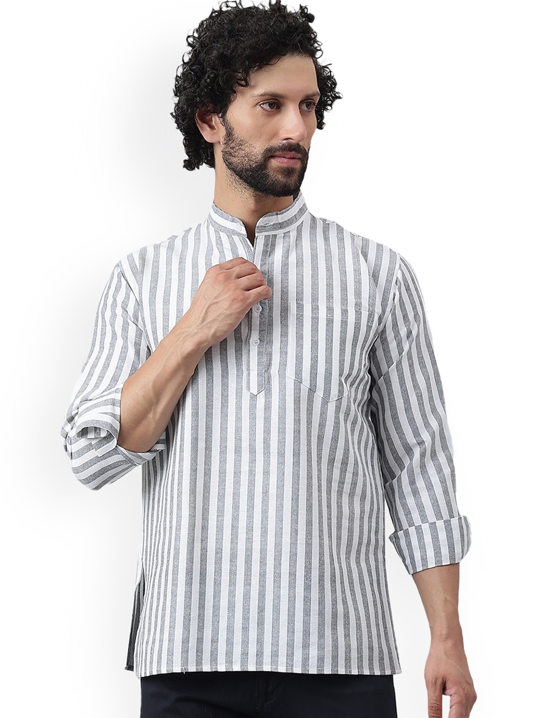 

RIAG Striped Mandarin Collar Long Sleeves Cotton Kurta, Grey