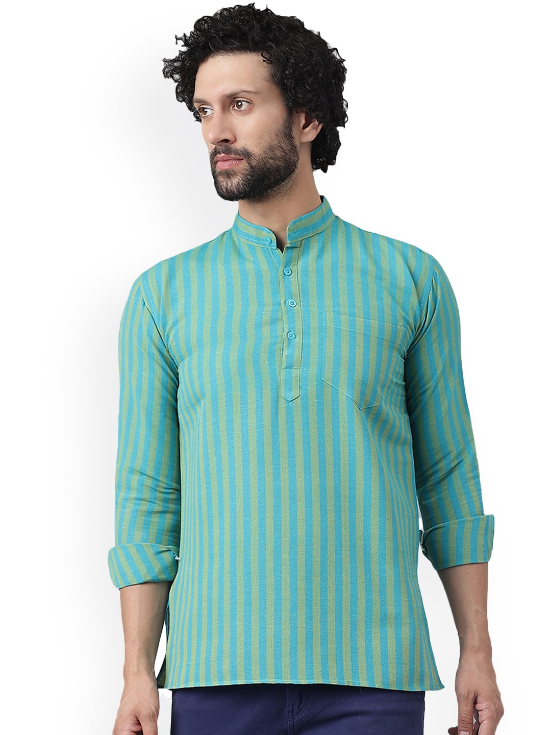 

RIAG Striped Mandarin Collar Long Sleeves Cotton Kurta, Blue