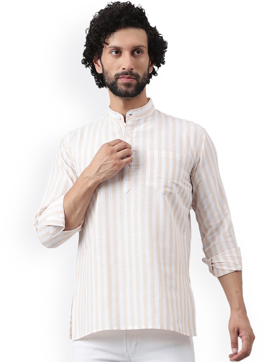 

RIAG Striped Mandarin Collar Long Sleeves Cotton Kurta, Beige