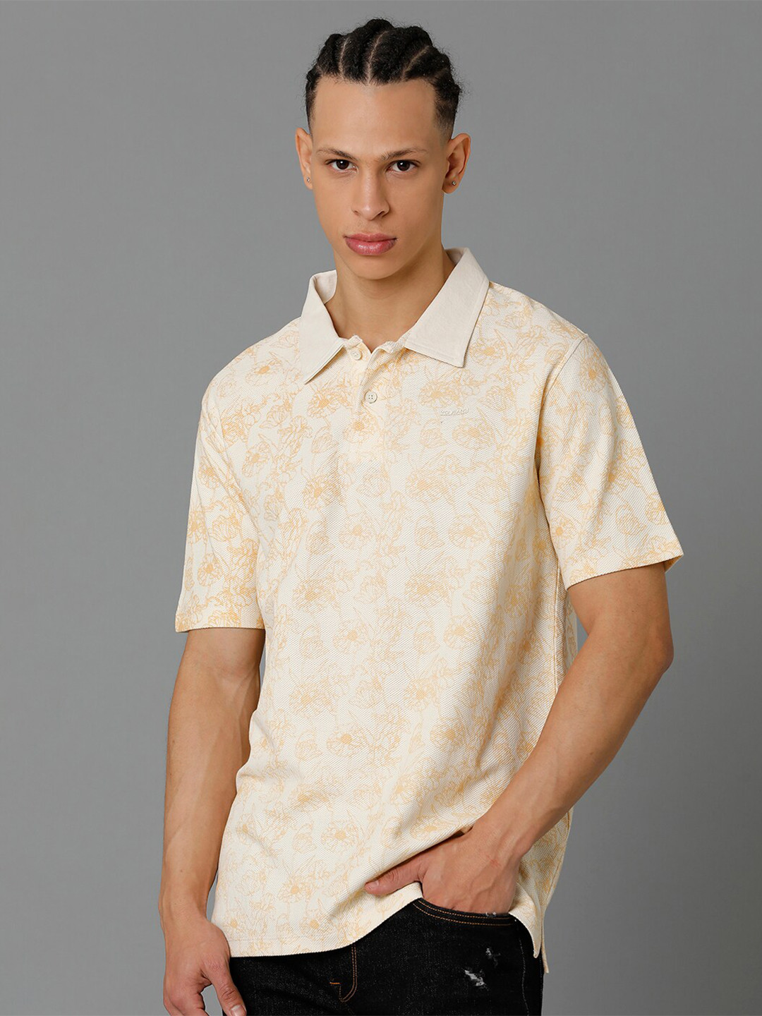 

Voi Jeans Floral Printed Polo Collar Pure Cotton T-shirt, White