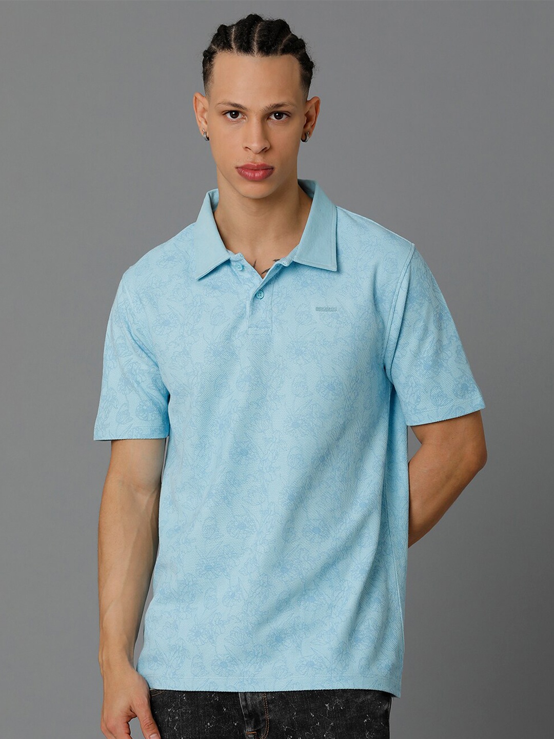 

Voi Jeans Floral Printed Polo Collar Pure Cotton T-shirt, Turquoise blue