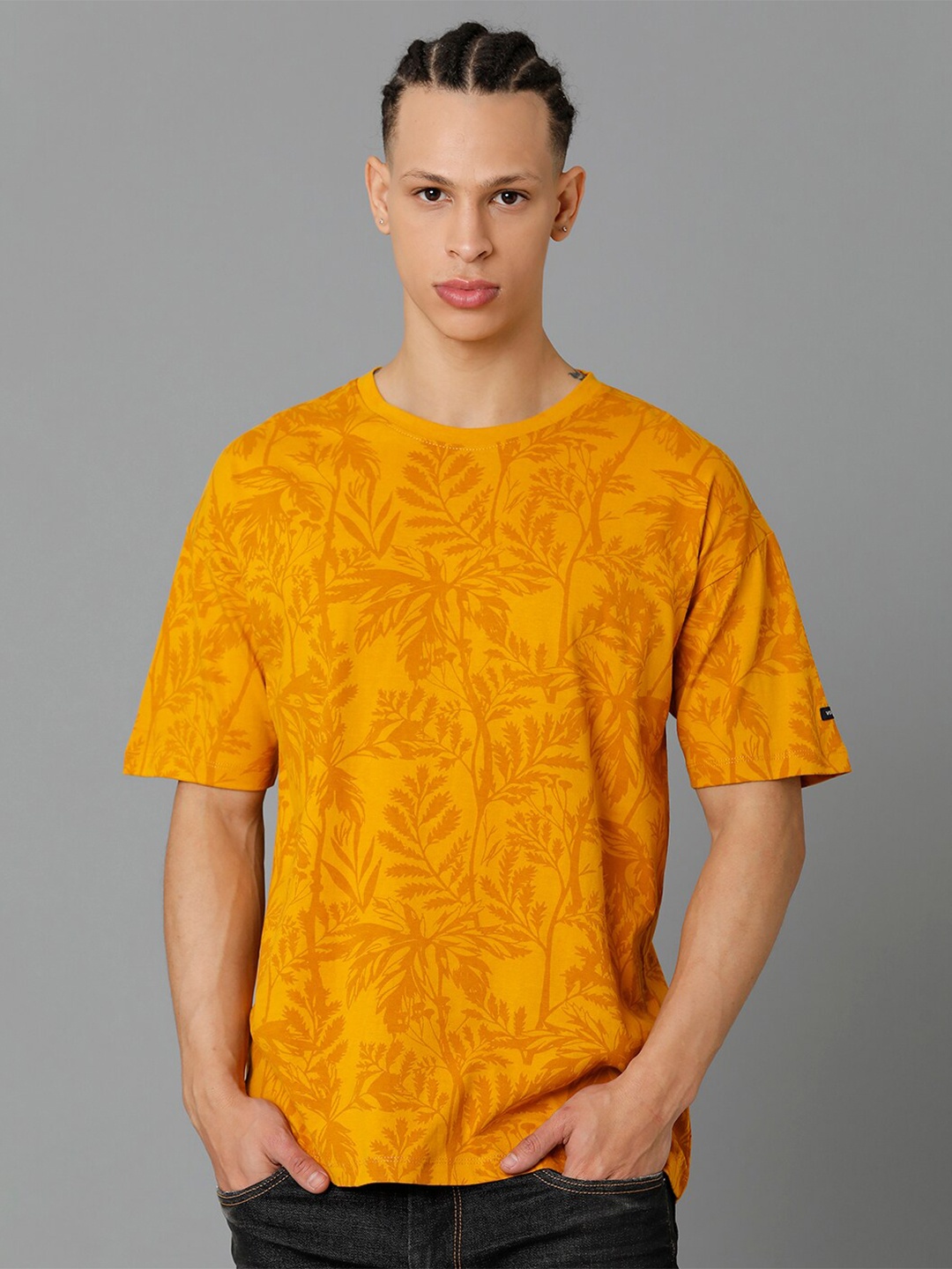 

Voi Jeans Floral Printed Pure Cotton T-shirt, Mustard