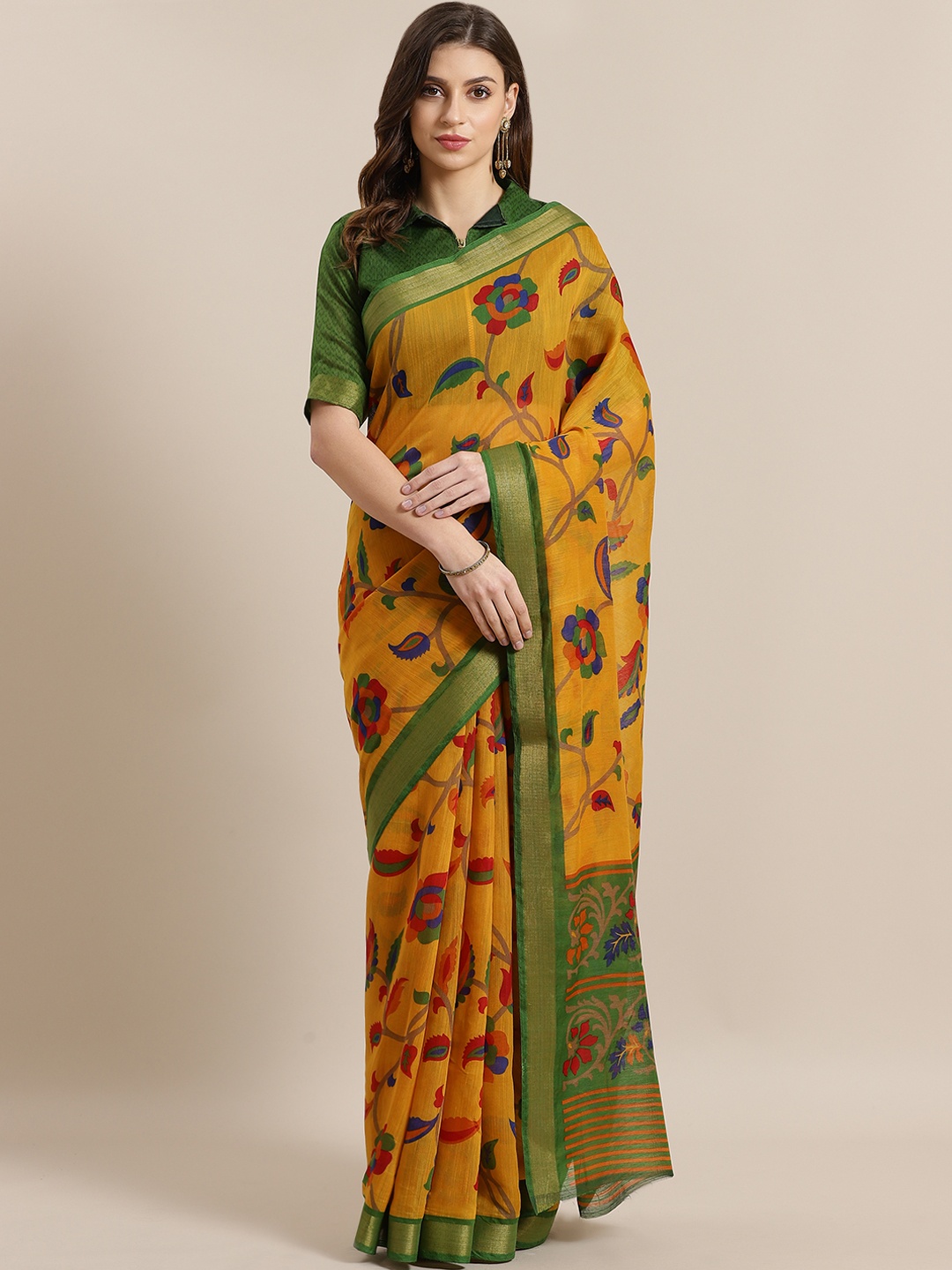 

KALINI Floral Printed Zari Silk Cotton Saree, Mustard