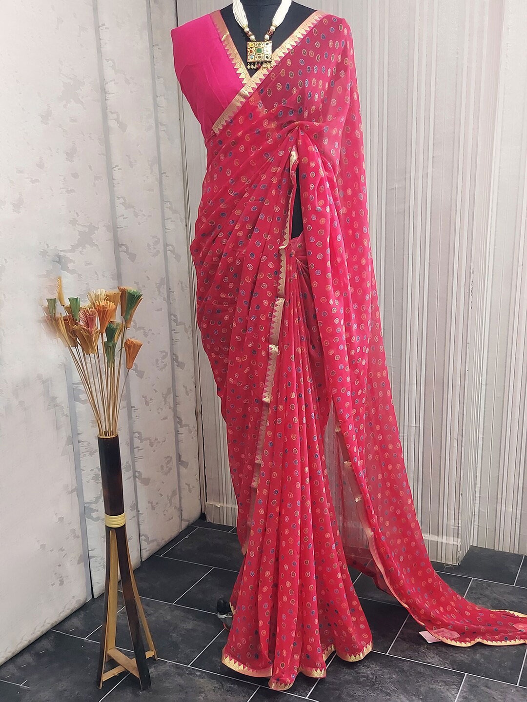 

KALINI Polka Dot Printed Pure Chiffon Saree, Pink