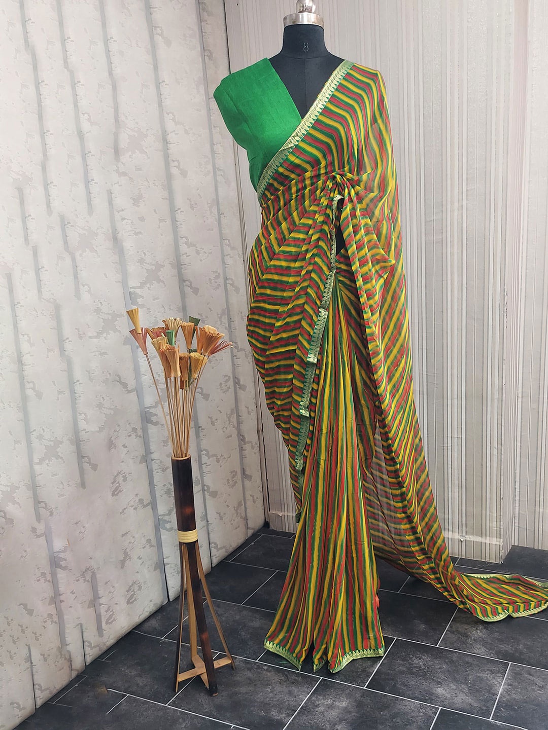 

KALINI Striped Zari Pure Chiffon Saree, Green