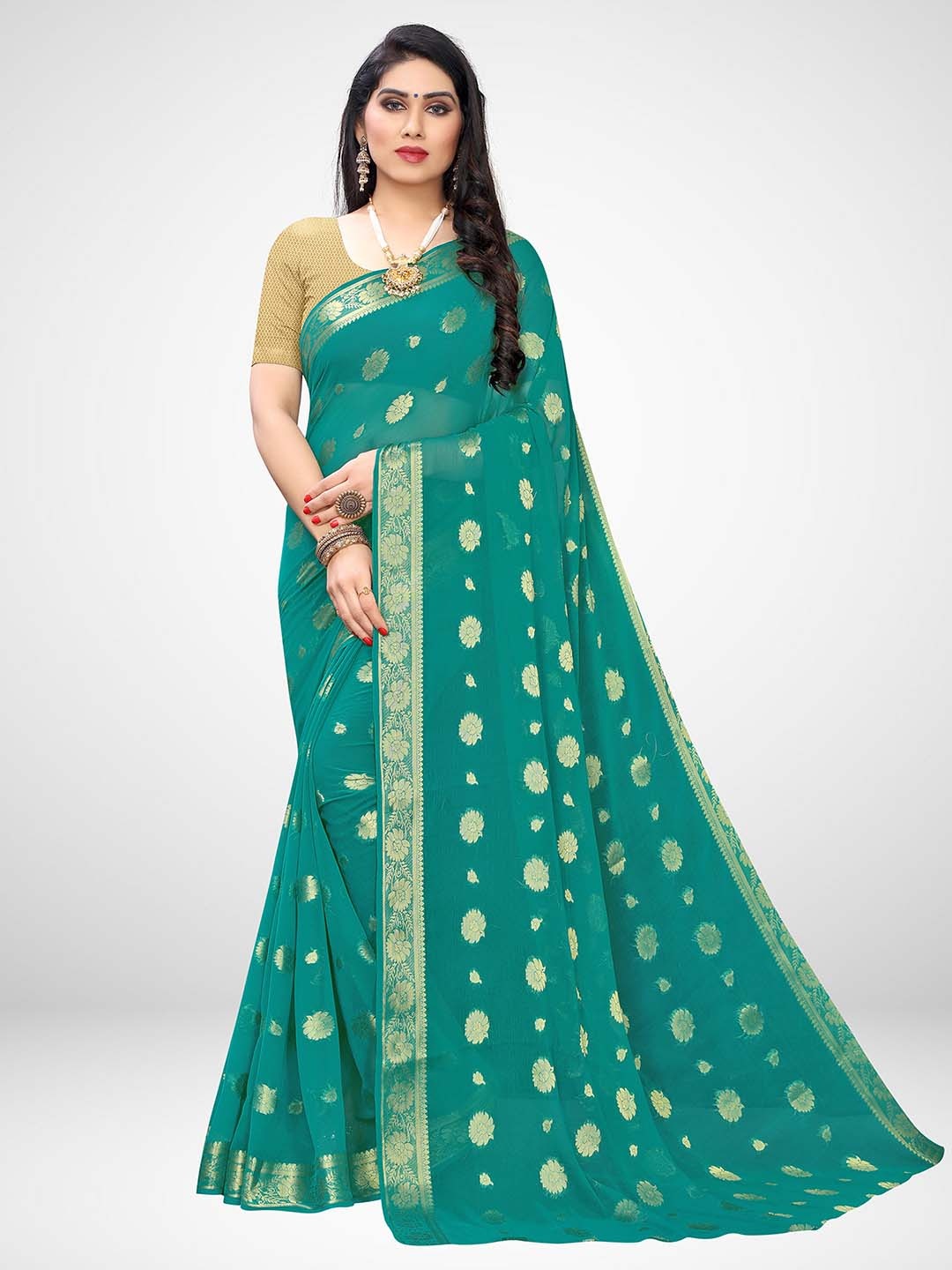 

KALINI Woven Design Zari Poly Chiffon Saree, Teal