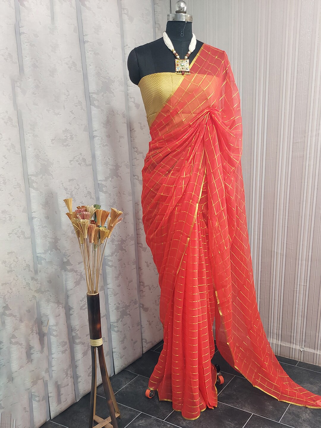 

KALINI Checked Zari Pure Chiffon Saree, Orange