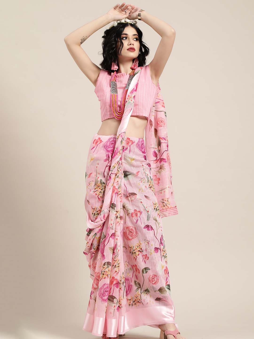 

KALINI Floral Silk Cotton Saree, Pink