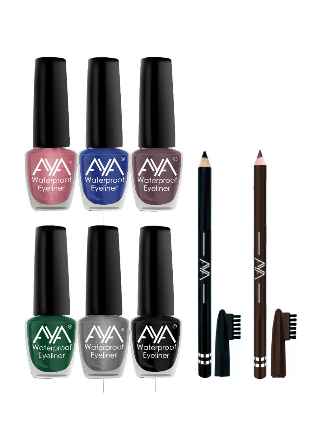 

AYA Set of 6 Waterproof Eyeliner - 5ml each & 2 Eyebrow Pencil - 1.4g each, Multi