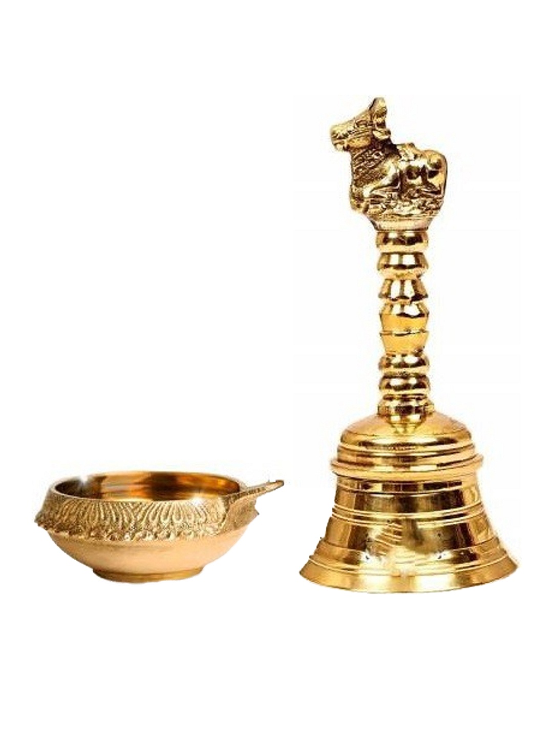 

Fashion Bizz Yellow Textured Pooja Bell With Diya, Gold