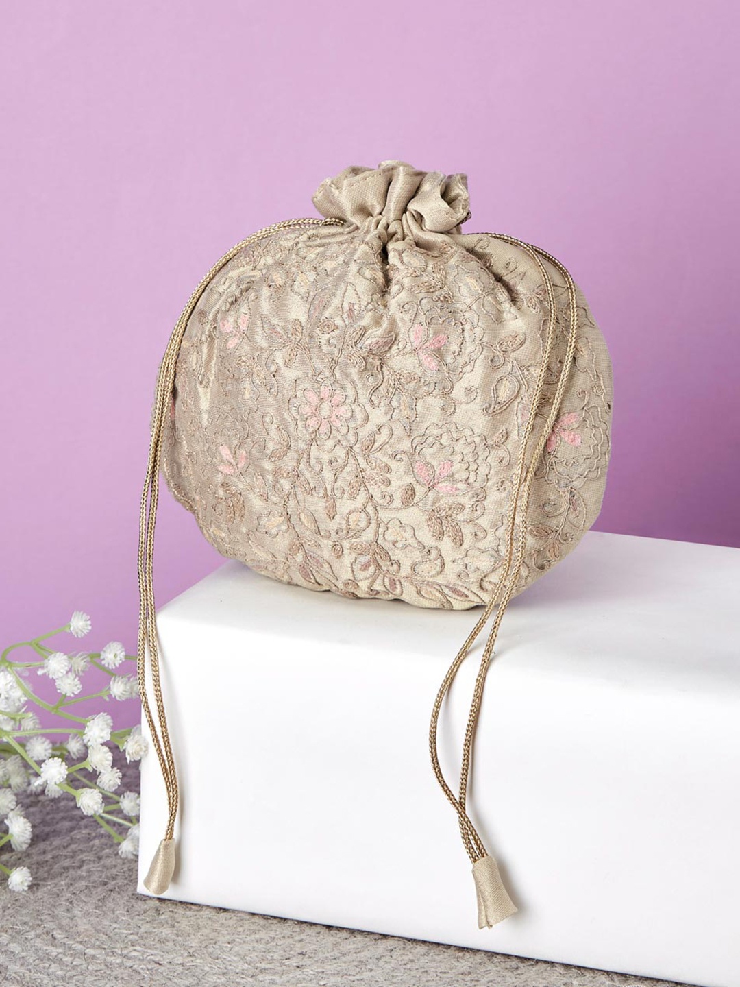 

Fabindia Floral Embroidered Bucket Handheld bag, Gold