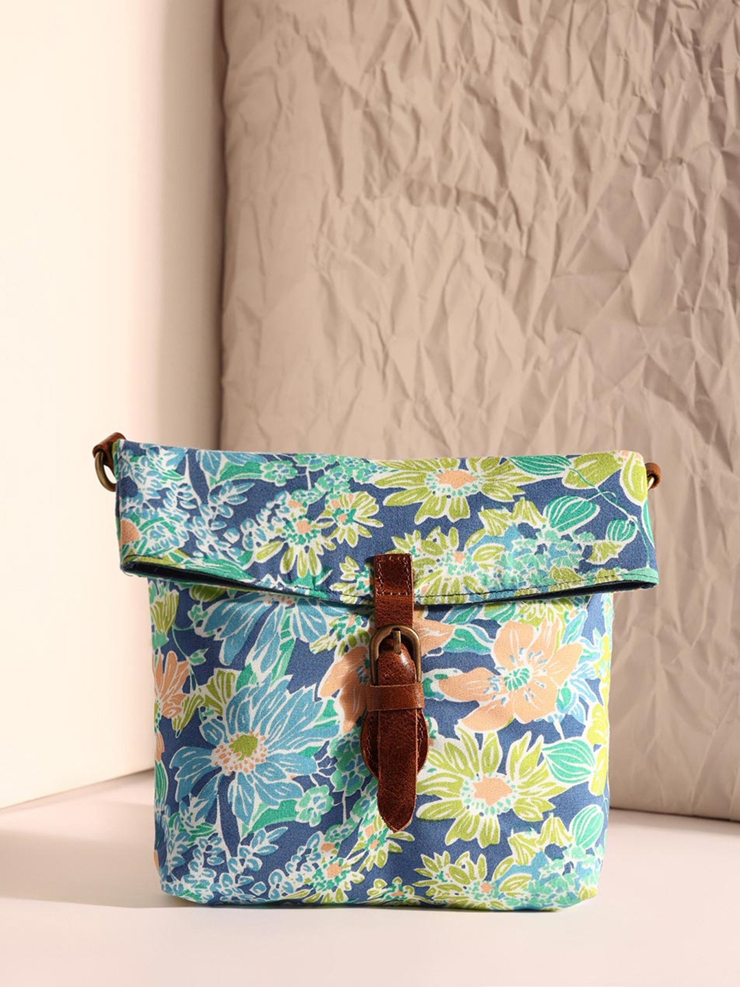 

Fabindia Blue Floral Printed Structured Sling Bag