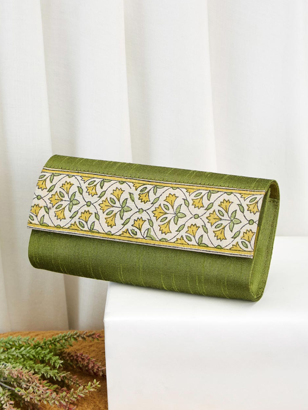 

Fabindia Printed Embroidered Foldover Clutch, Green