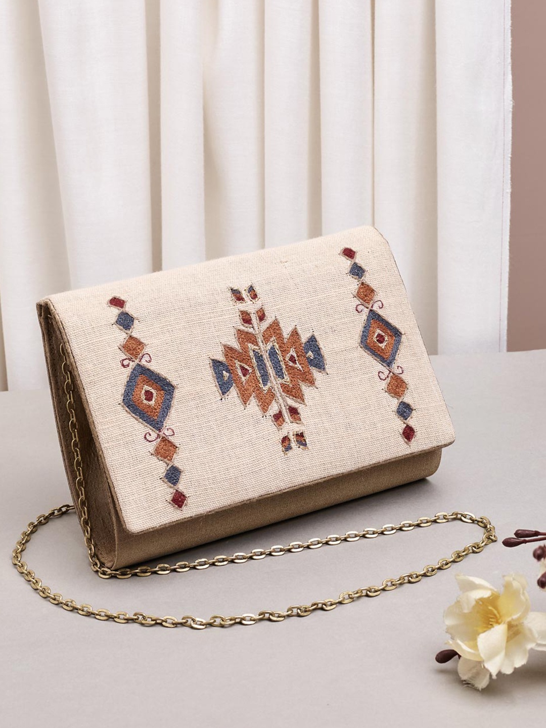 

Fabindia Embroidered Box Clutch, Beige