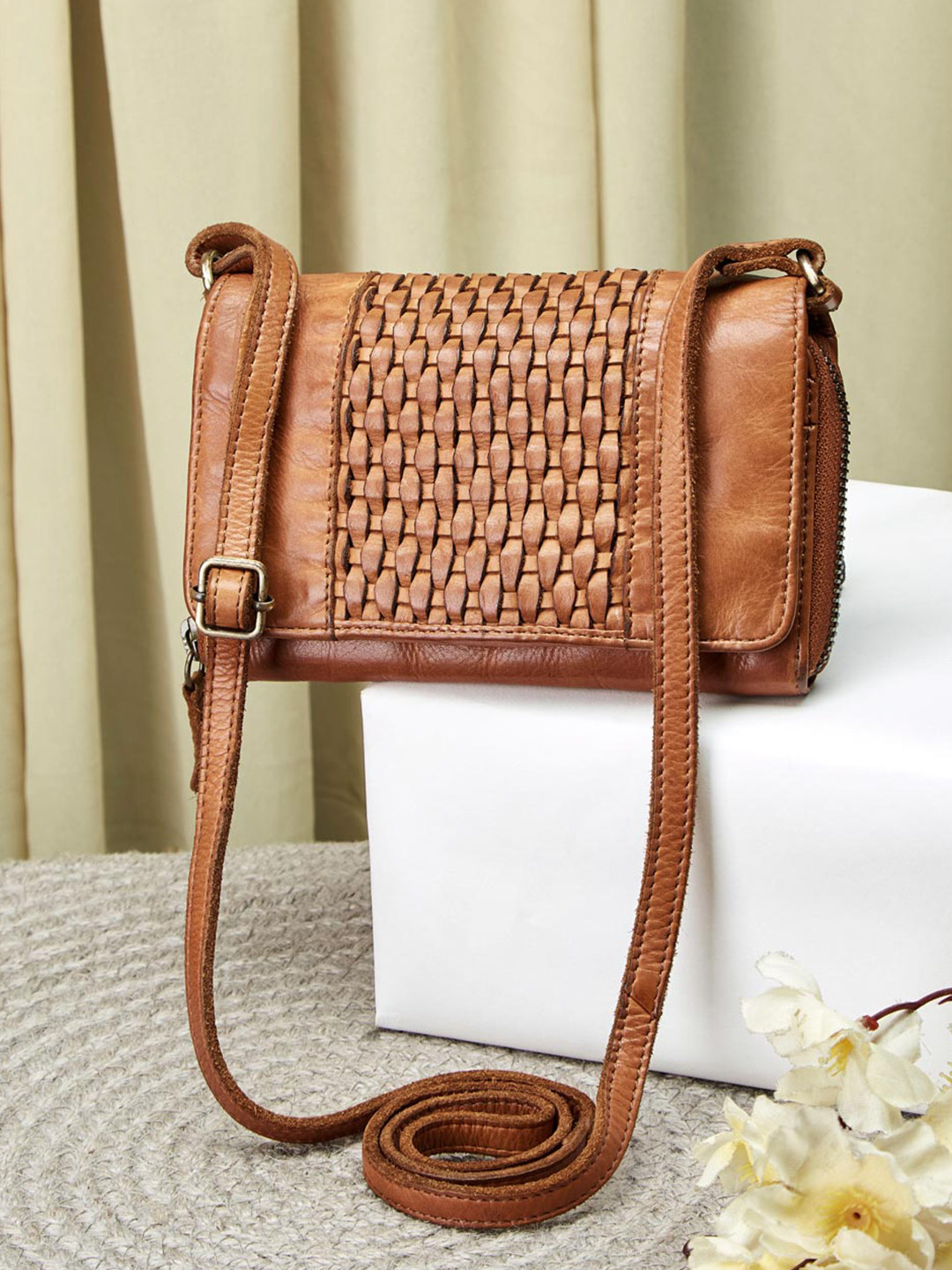 

Fabindia Women Textured Leather Structured Sling Bag, Brown