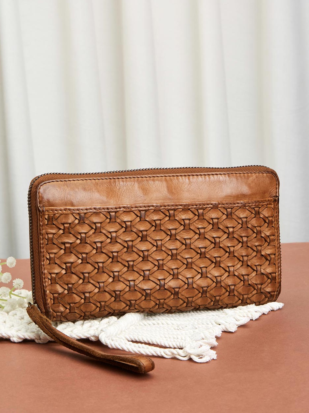 

Fabindia Women Geometric Textured Leather Zip Around Wallet, Brown