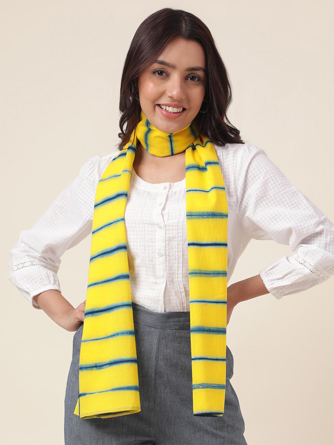 

Fabindia Women Striped Printed Cotton Stole, Yellow