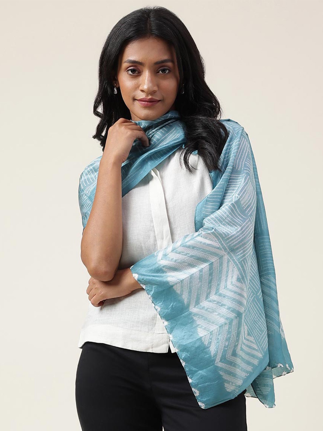 

Fabindia Geometric Printed & Tie & Dyed Silk Stole, Blue