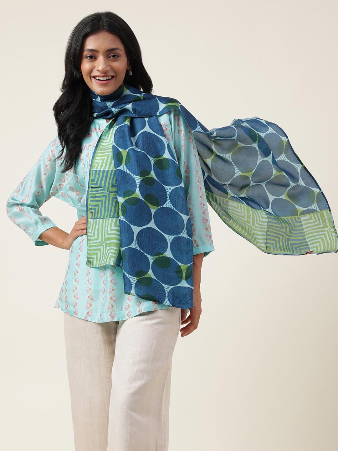 

Fabindia Geometric Printed Silk Stole, Blue