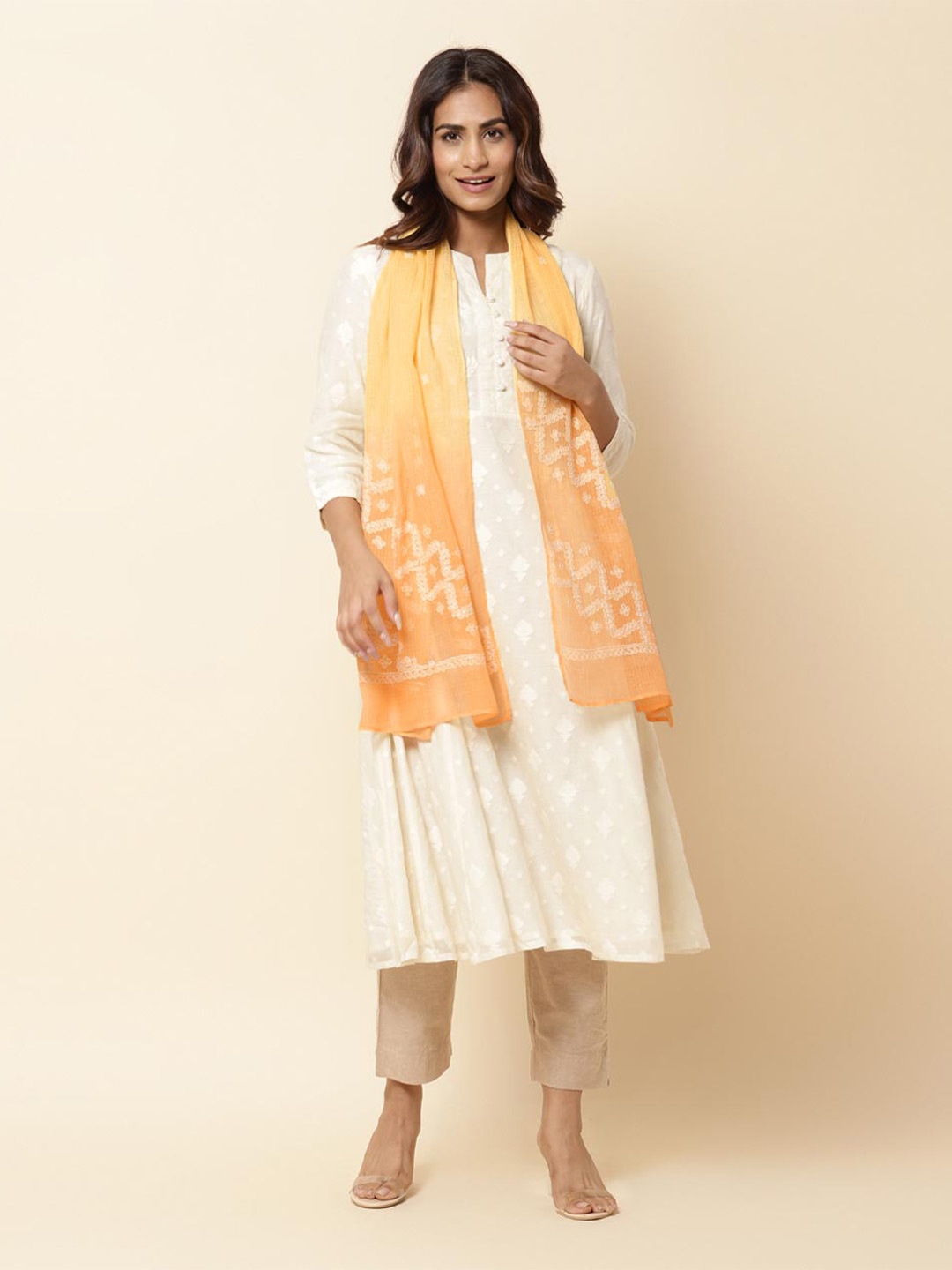 

Fabindia Floral Embroidered Chikankari Stole, Orange