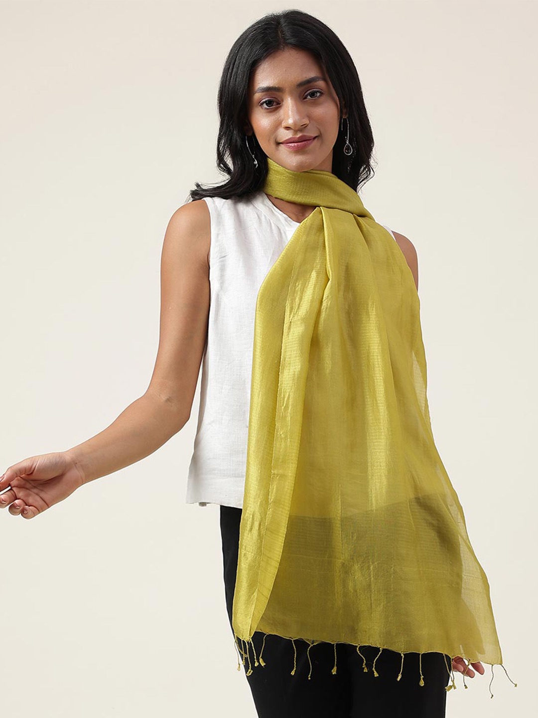 

Fabindia Striped Tasseled Silk Stole, Olive