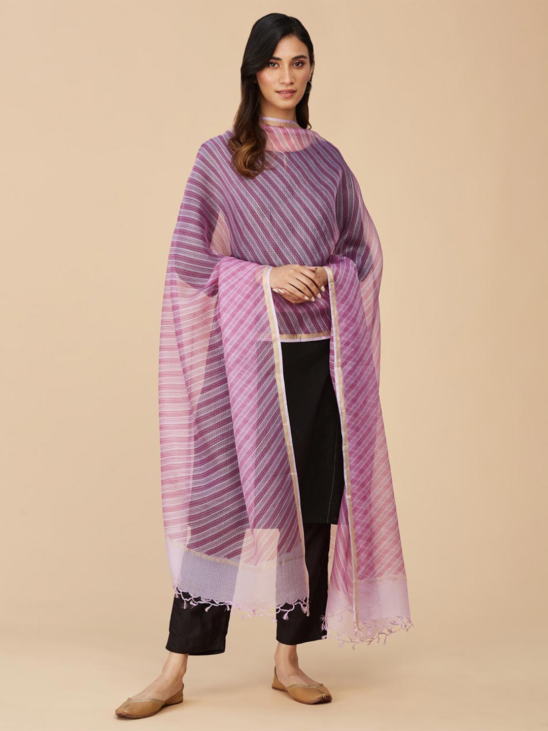 

Fabindia Striped Dupatta With Zari, Lavender