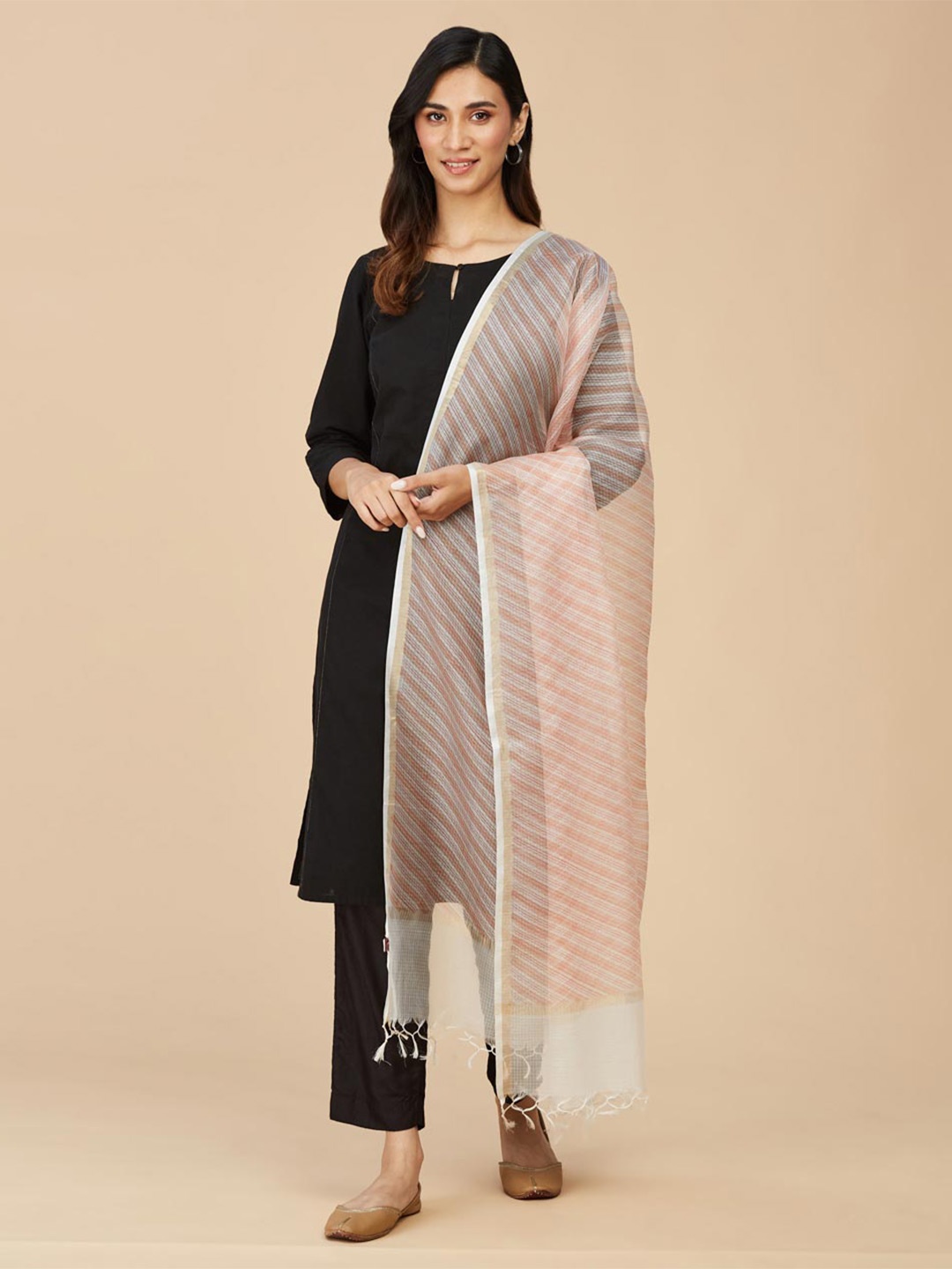 

Fabindia Striped Block Printed Dupatta With Zari, Peach
