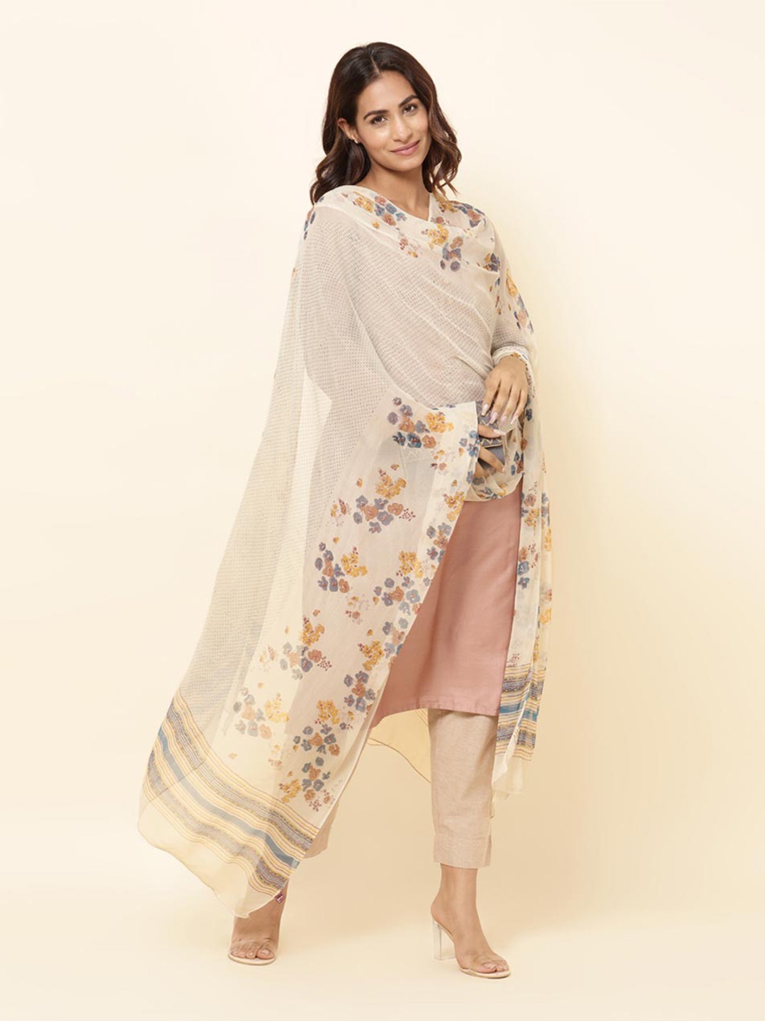 

Fabindia Floral Printed Dupatta, Beige