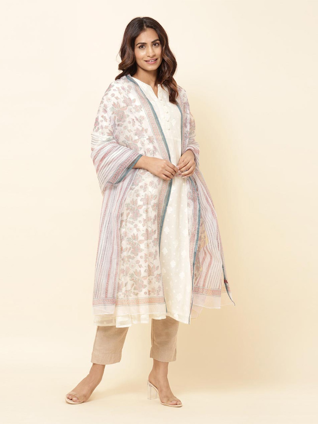 

Fabindia Floral Printed Cotton Silk Dupatta, Off white