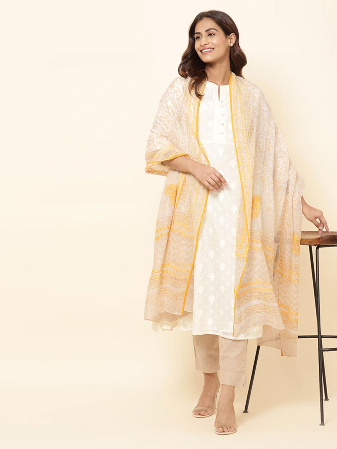 

Fabindia Ethnic Motifs Embroidered Cotton Silk Dupatta With Chikankari, Yellow