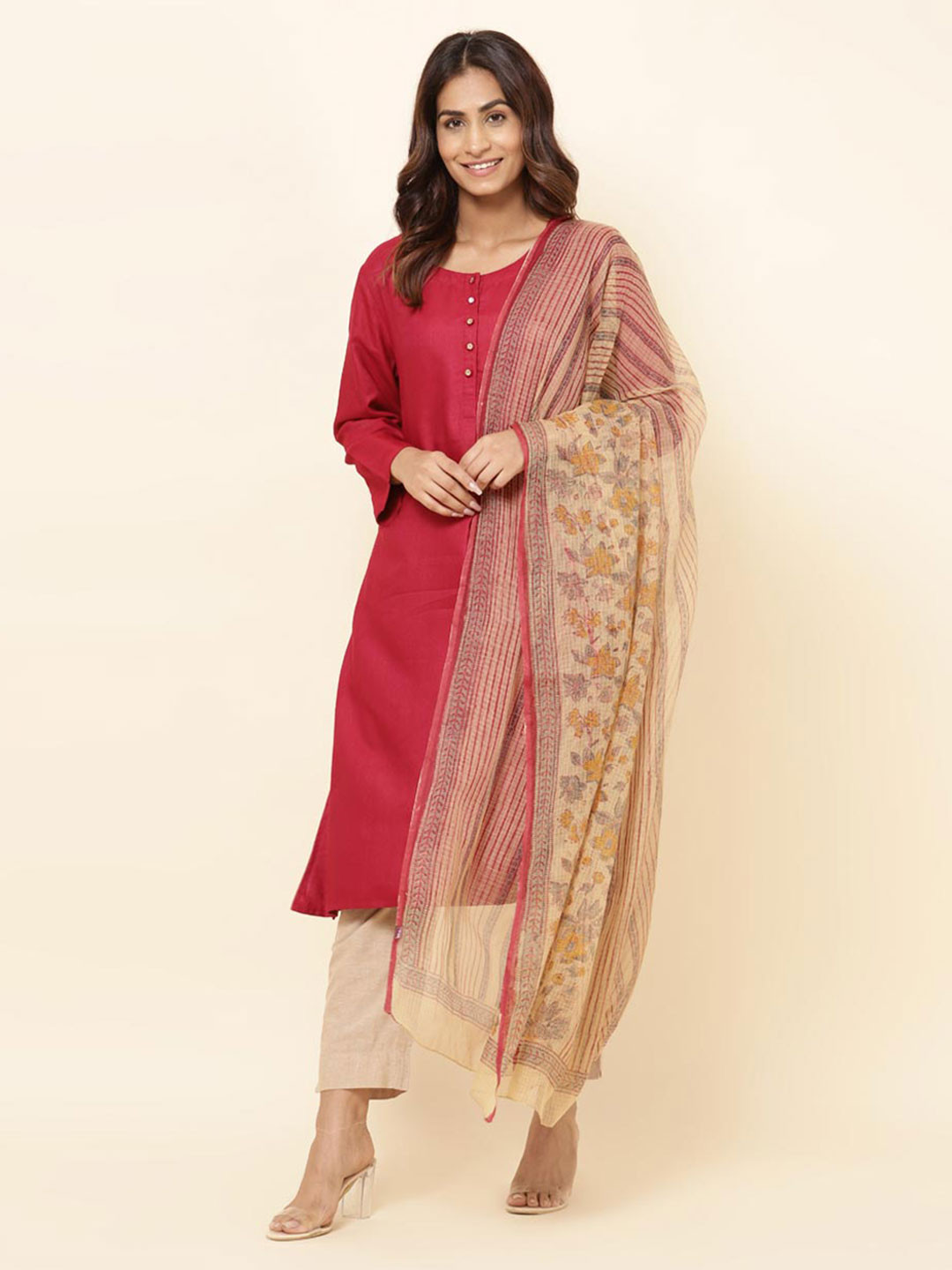 

Fabindia Striped Cotton Silk Dupatta, Beige
