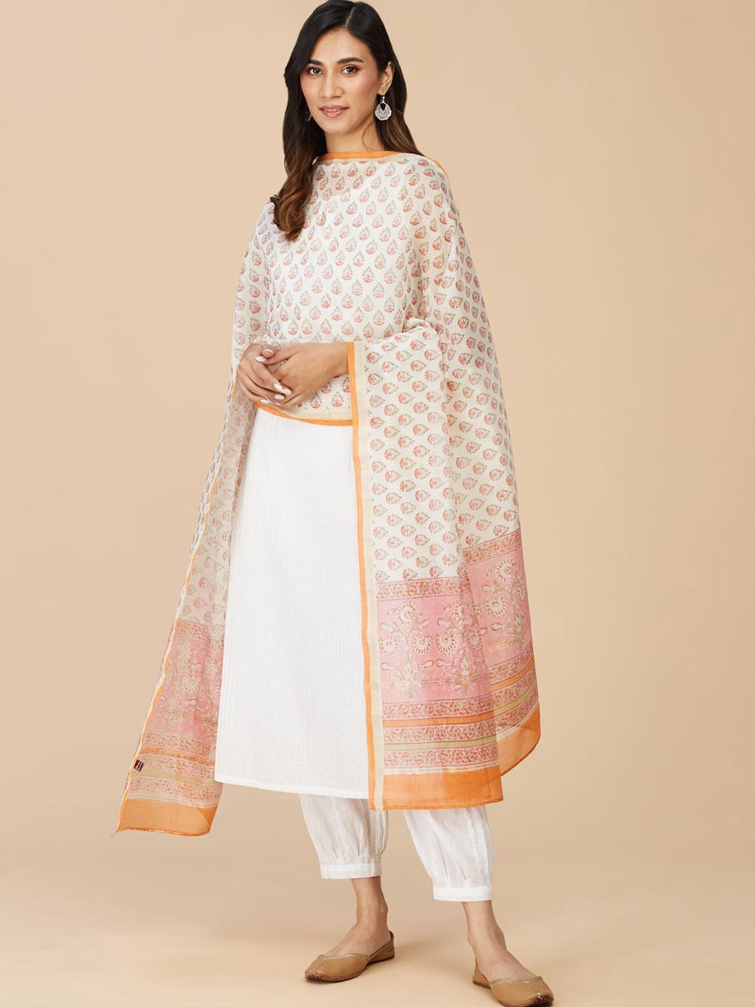 

Fabindia Ethnic Motifs Printed Cotton Silk Dupatta, Off white