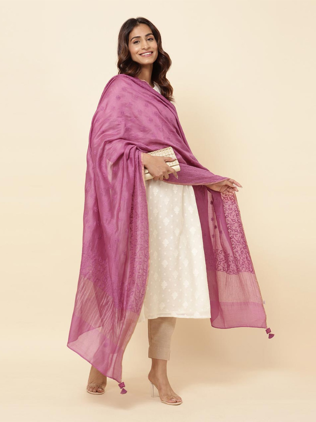 

Fabindia Embroidered Cotton Silk Dupatta With Chikankari, Purple