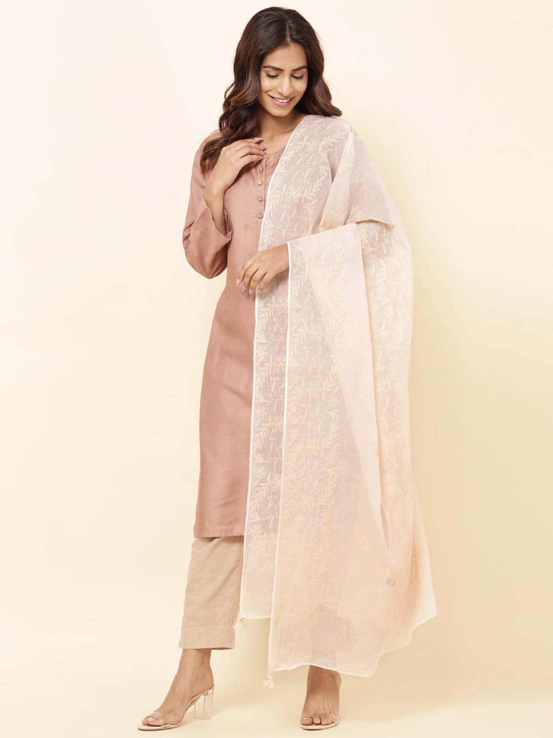 

Fabindia Chikankari Embroidered Cotton Silk Dupatta, Beige