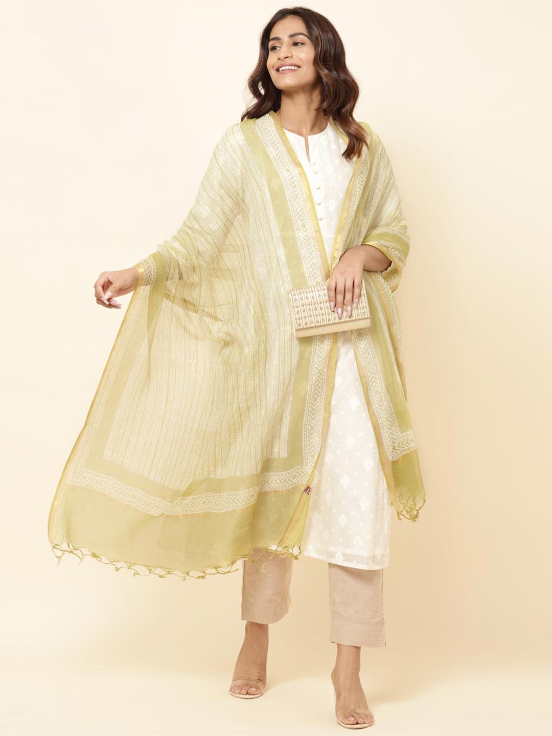 

Fabindia Striped Cotton Silk Dupatta, Green