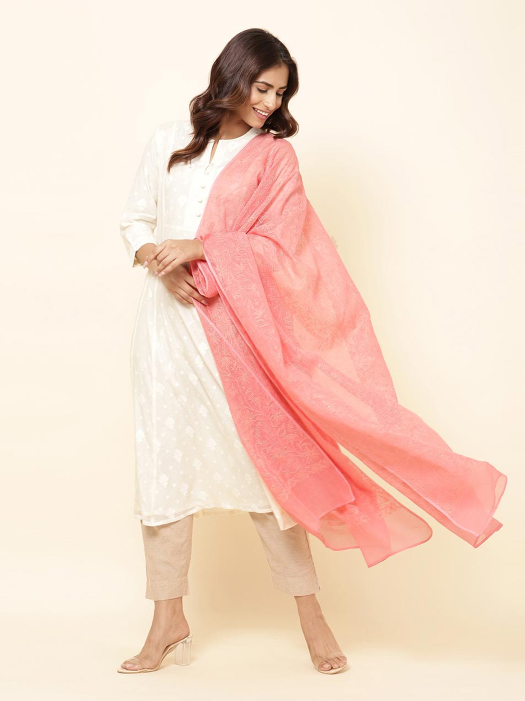 

Fabindia Floral Embroidered Chikankari Cotton Silk Dupatta, Coral