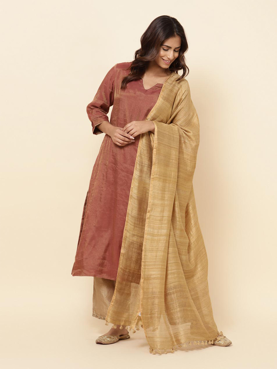 

Fabindia Tasseled Border Silk Dupatta, Beige