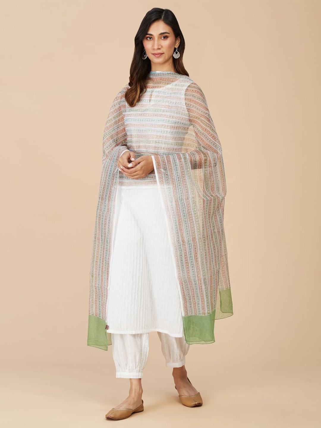 

Fabindia Floral Printed Cotton Silk Dupatta, White