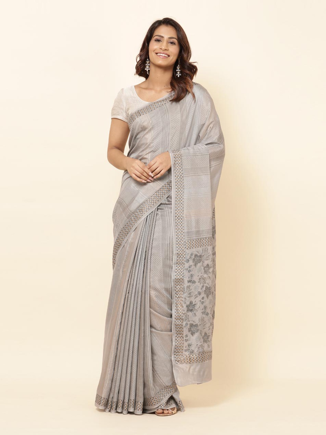 

Fabindia Ethnic Motifs Zari Pure Cotton Saree, Grey