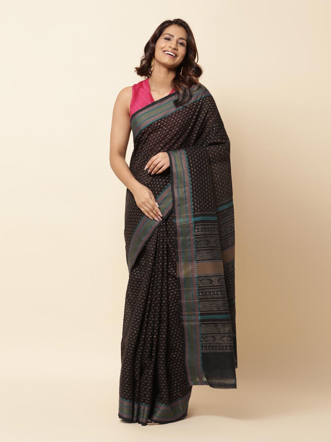 

Fabindia Ethnic Motifs Zari Pure Cotton Block Print Saree, Black