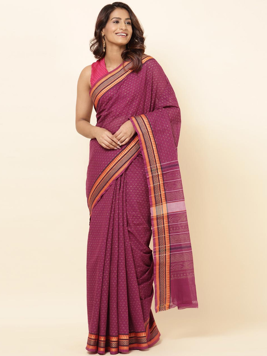 

Fabindia Ethnic Motifs Pure Cotton Saree, Magenta