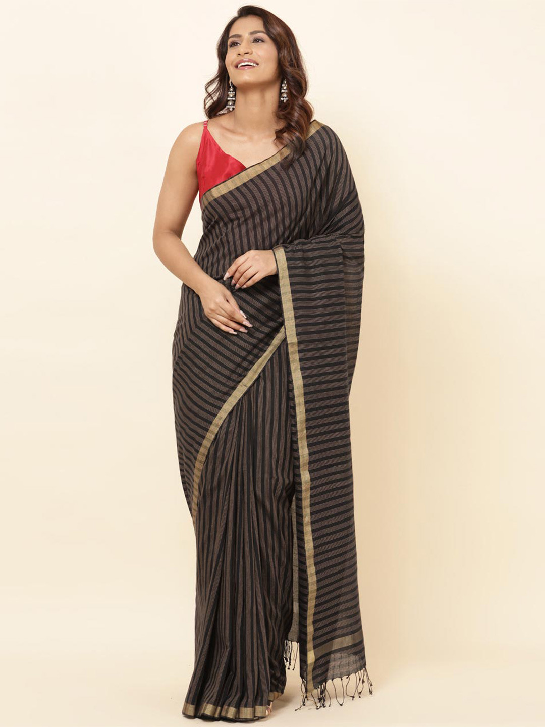 

Fabindia Striped Zari Silk Cotton Saree, Black